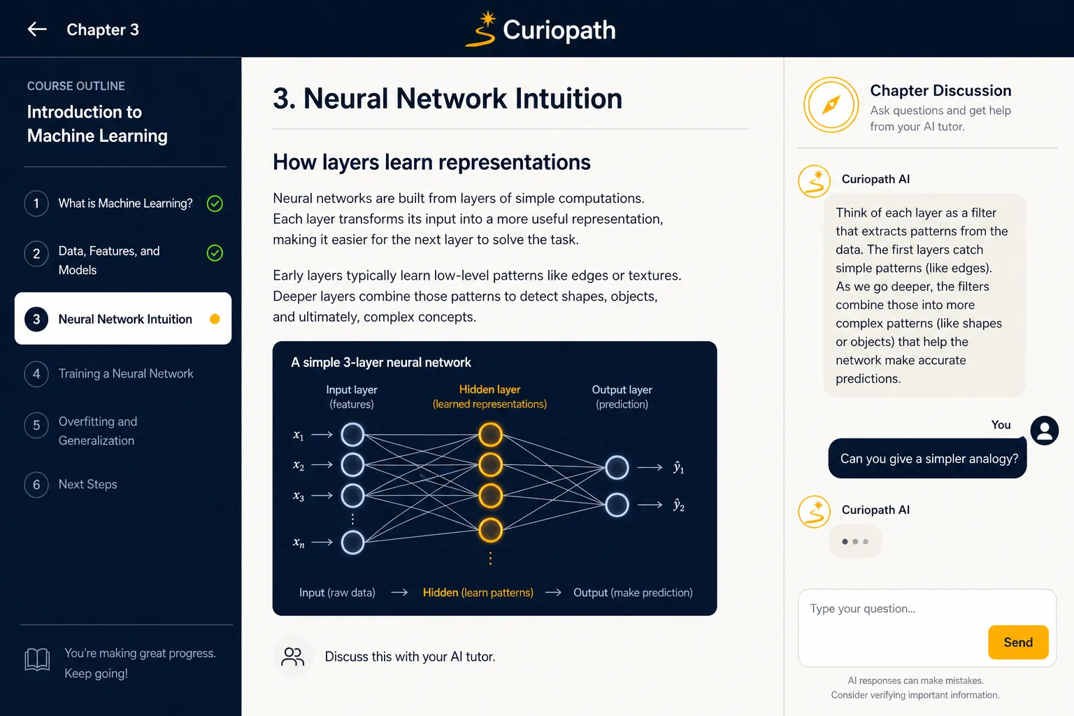 Curiopath chapter reading view with an AI tutor chat sidepanel answering a learner's question in real time
