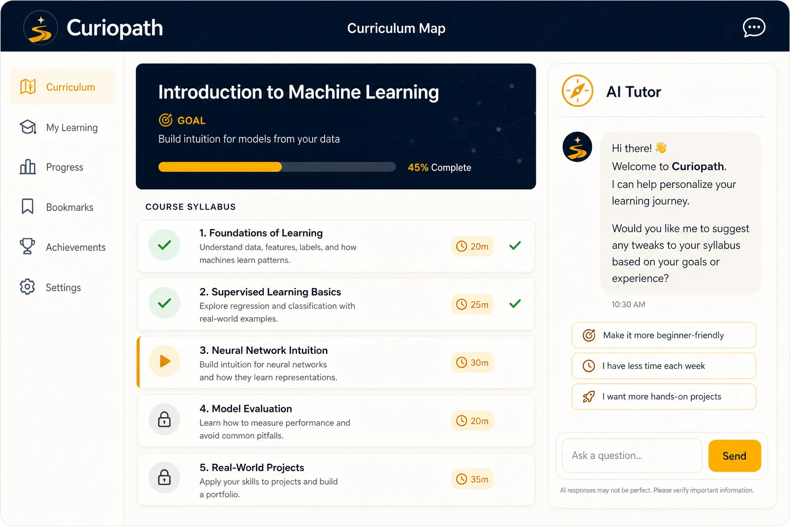 Curiopath curriculum builder generating a personalized, chapter-by-chapter learning plan from a goal