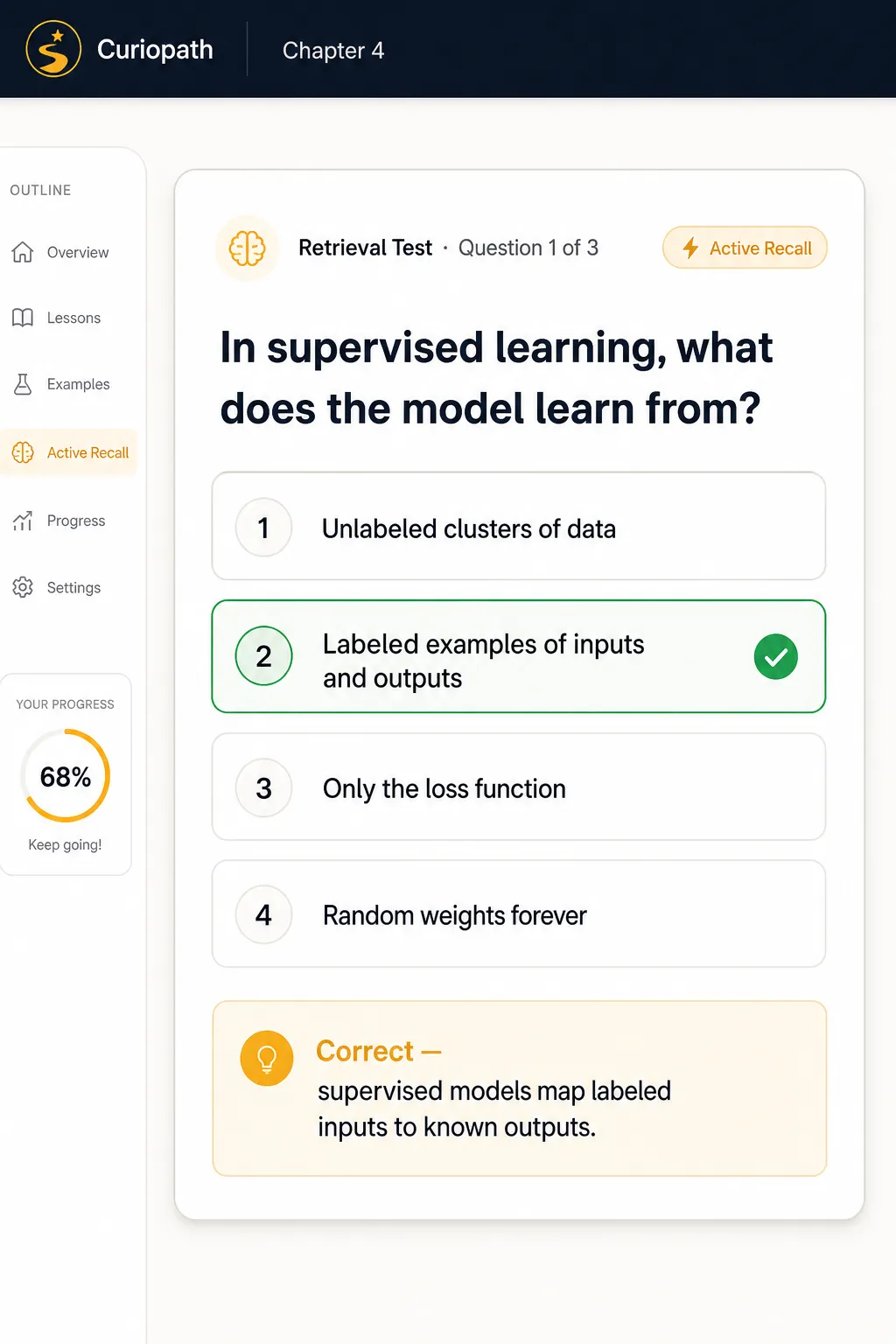 Curiopath quiz question with correct and incorrect answer states and an explanation callout