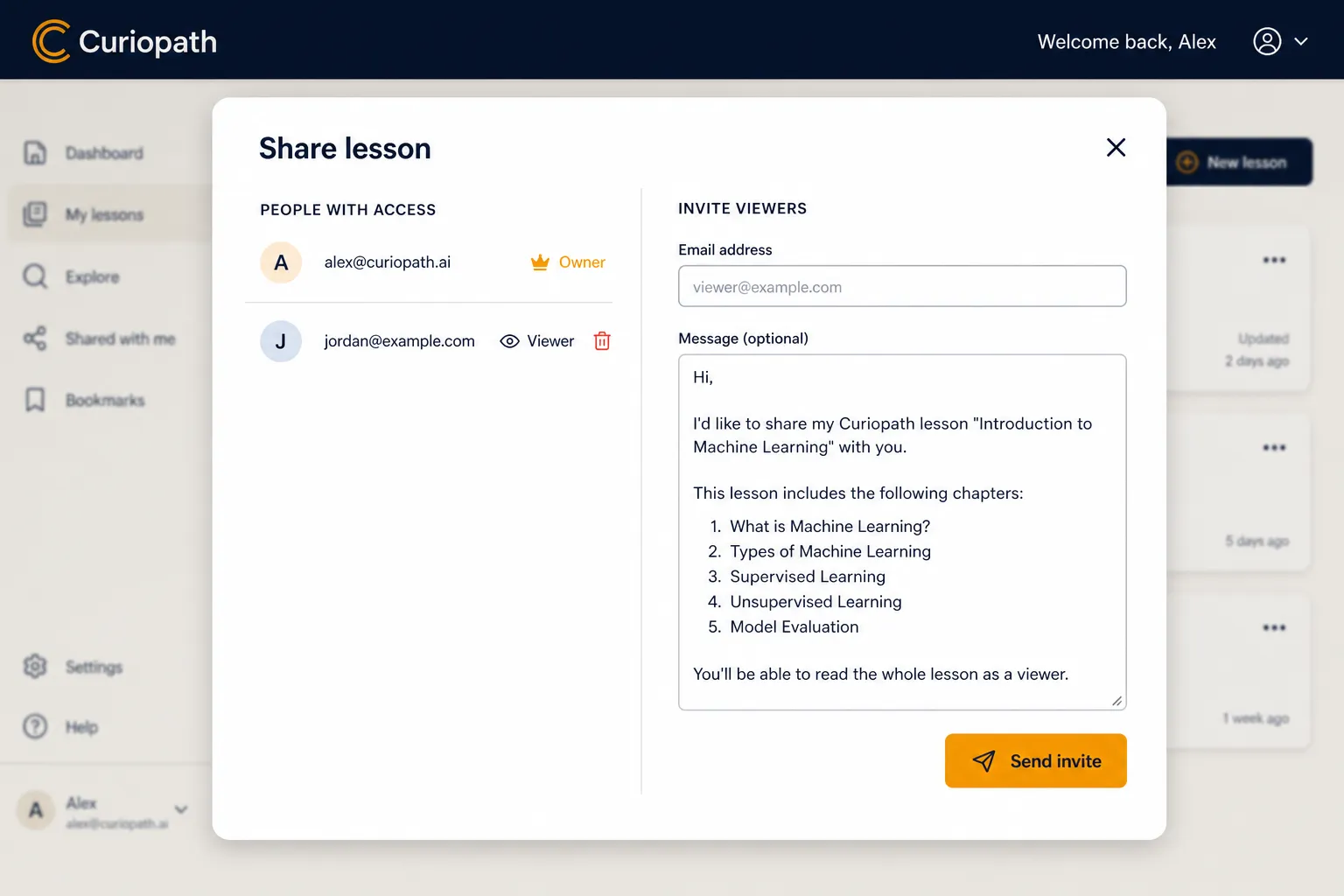 Curiopath share lesson modal with email invite, access list, and view-only badges