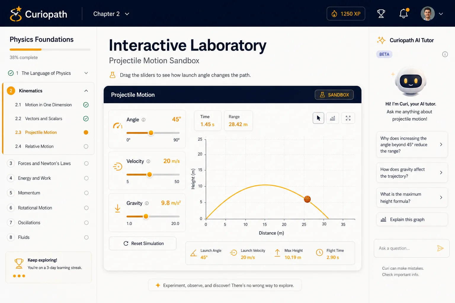 Interactive projectile-motion sandbox in a Curiopath chapter, with angle and velocity sliders updating a live trajectory chart