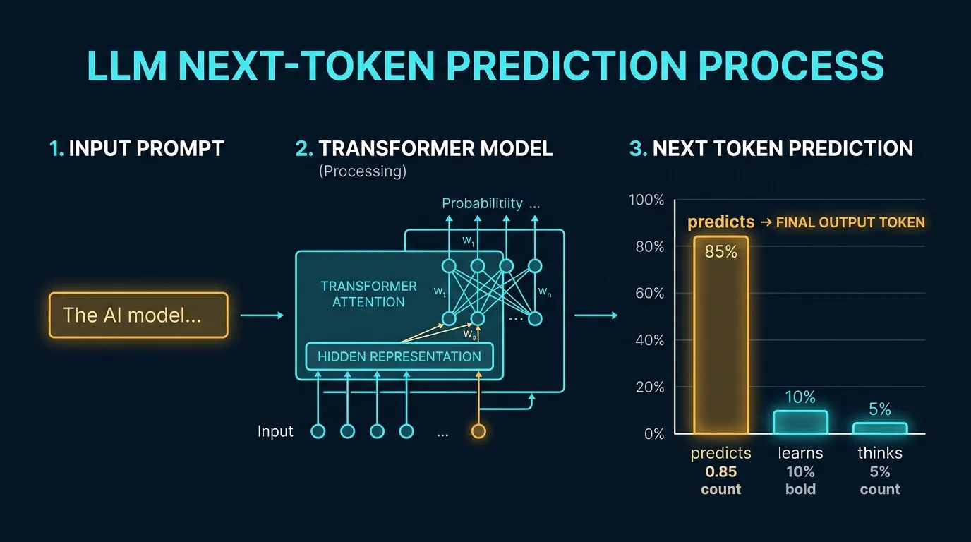Curiopath visual explanation diagram displaying 3-step LLM next-token prediction process
